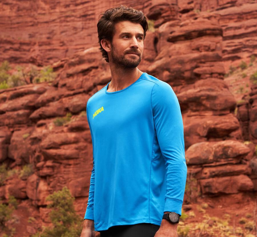 Hoka One One Performance 3/4 Sleeve Top Herr - Blå - NSKCV-9457